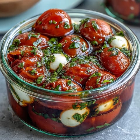 Fresh Mason Jar Caprese Salad with ripe cherry tomatoes, creamy mozzarella, and fragrant basil, ready for a picnic or lunch on the go.