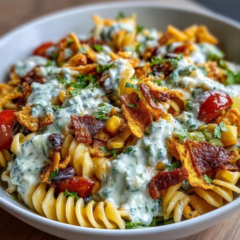 Creamy Taco Pasta Salad with Doritos and Avocado Ranch dressing in a colorful bowl.