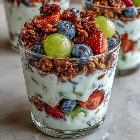 Soccer Team Snack Cups with Fruit and Granola - colorful layers of fresh berries, grapes, and pineapple topped with crunchy granola and creamy yogurt in clear cups.