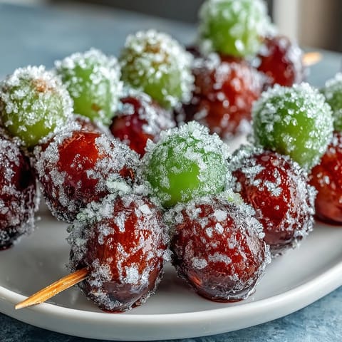 Vibrant frozen grape skewers coated in zesty lime sugar, a refreshing summer snack bursting with sweet-tart flavor.