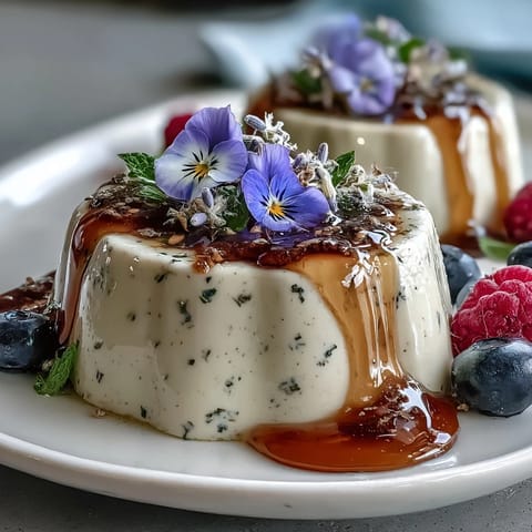 Silky honey lavender panna cotta in a glass, drizzled with golden honey and topped with fresh berries.