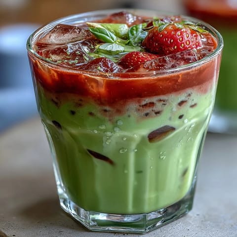 Creamy oat milk strawberry matcha latte, a vegan summer drink with sweet berry puree and smooth matcha layers.