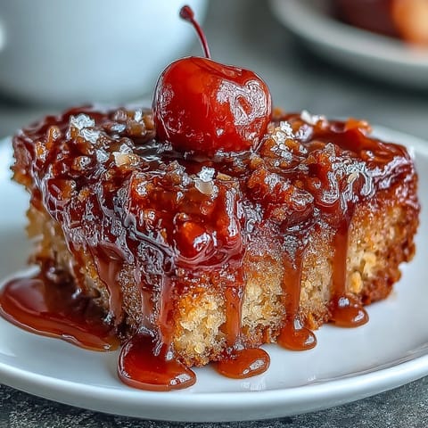 A golden cherry almond upside-down cake with caramelized cherries glistening atop a tender, almond-scented crumb.