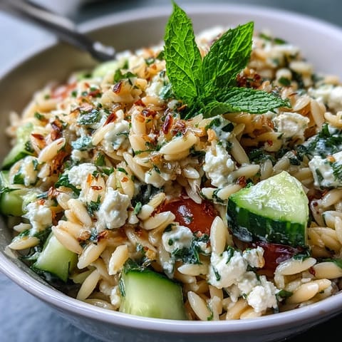 Vibrant orzo salad with cucumber, feta, and lemon dressing, bursting with Mediterranean freshness and colorful vegetables.  