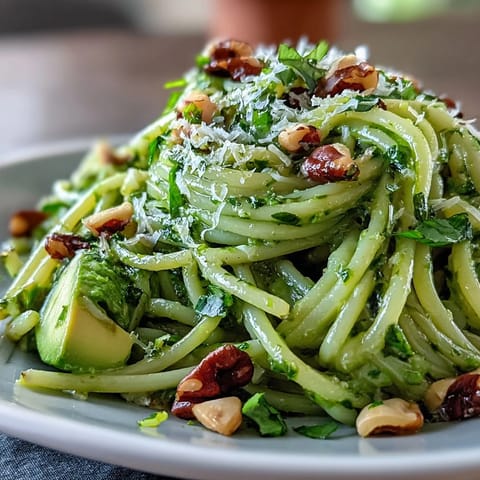Creamy avocado pesto pasta with fresh basil and pine nuts in a no-cook sauce.  