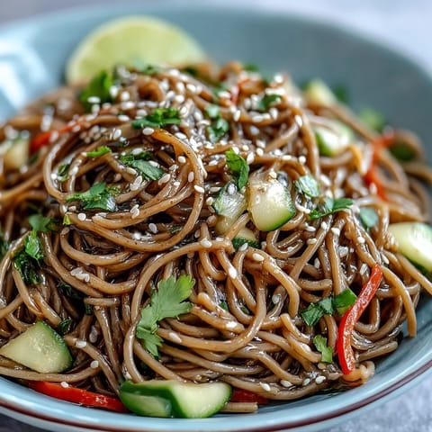 A vibrant cold soba noodle salad with crisp julienned vegetables and tangy sesame ginger dressing, perfect for a light summer meal.  