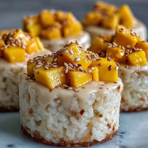 Golden coconut mango sticky rice cups, a sweet, creamy Thai dessert delight.