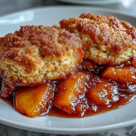 Golden peach cobbler with fluffy biscuit topping, a warm Southern comfort dessert.