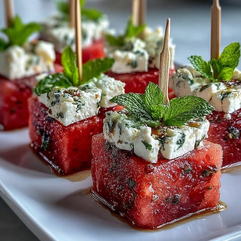 Refreshing watermelon feta bites on toothpicks, a perfect summer appetizer.