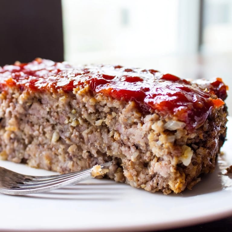 Freshly baked Meatloaf with a caramelized ketchup glaze, garnished with thyme and served family-style on a dinner plate.