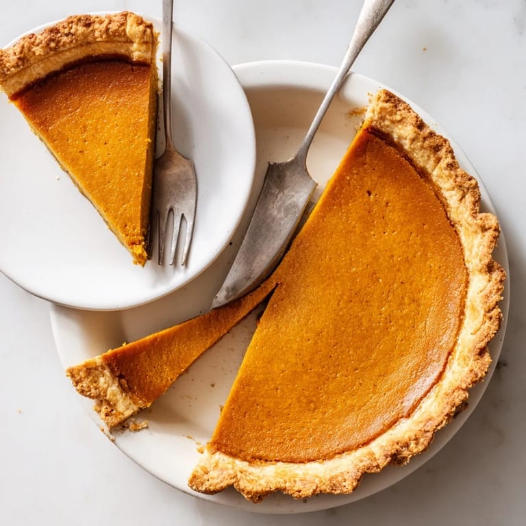 A rustic pumpkin pie with a crimped edge, cut to reveal the rich, orange interior, ready for a cozy fall gathering.