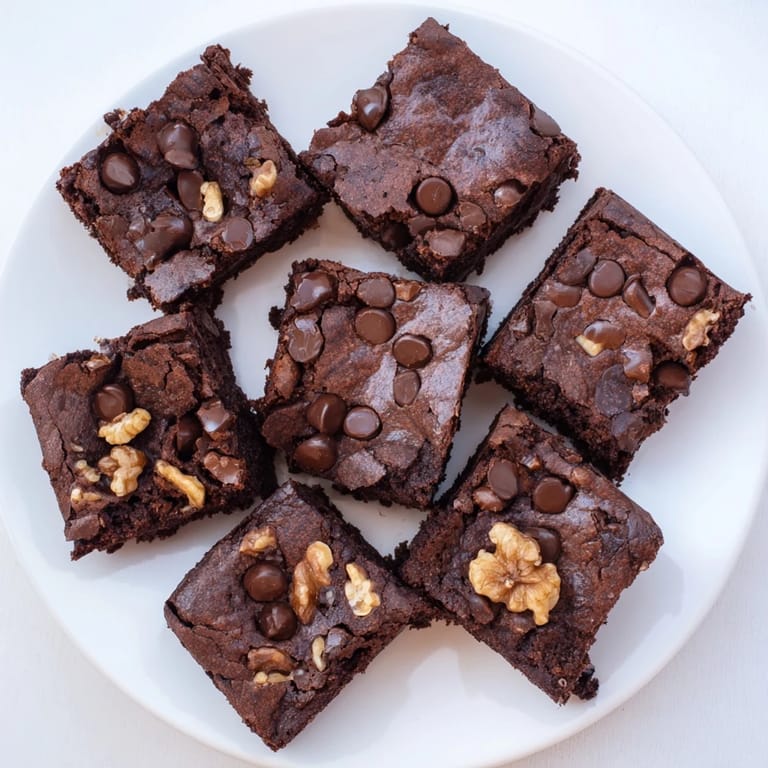 Gooey brownies stacked on a wire rack, with melted chocolate chunks and walnuts visible, ready to be served warm.