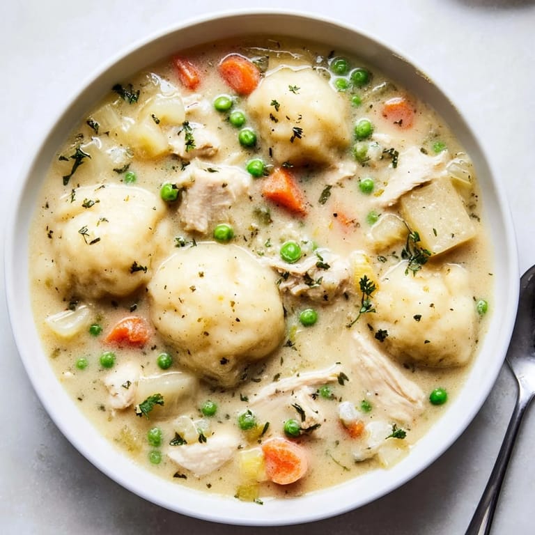 Comforting homemade chicken and dumplings with freshly dropped biscuit-like dumplings simmering on a creamy chicken stew, ready to serve on a cozy dinner table.