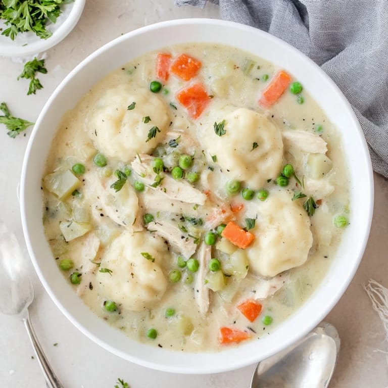 Dutch oven pot of chicken and dumplings, with carrots, peas, and tender chicken chunks in a rich, velvety stew, garnished with parsley.