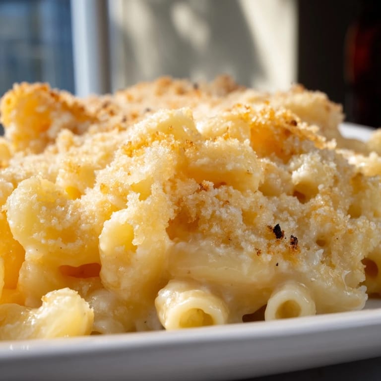 Golden baked Macaroni and Cheese bubbling in a ceramic dish, perfect for a cozy American comfort food meal.
