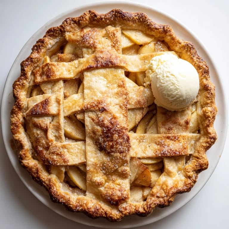 A rustic, golden-brown apple pie cooling on a wire rack with a slice missing, revealing tender apples inside.