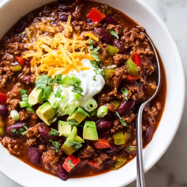Hearty pot of Tex-Mex Chili con Carne simmering with ground beef, kidney beans, tomatoes, and spices, ready to serve.  