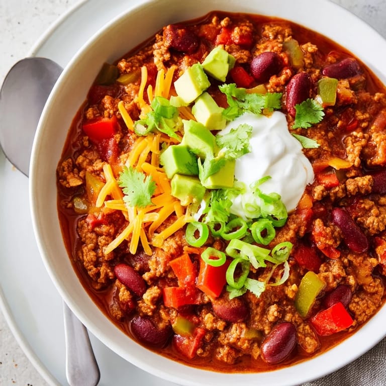 Close-up of a rich bowl of Chili con Carne garnished with diced avocado and jalapeños for a perfect spicy kick.