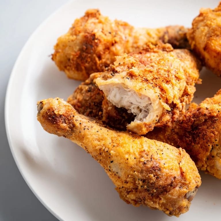 Crispy, deep-fried chicken drumsticks and thighs with a seasoned crust, shown on a rustic wooden serving platter.