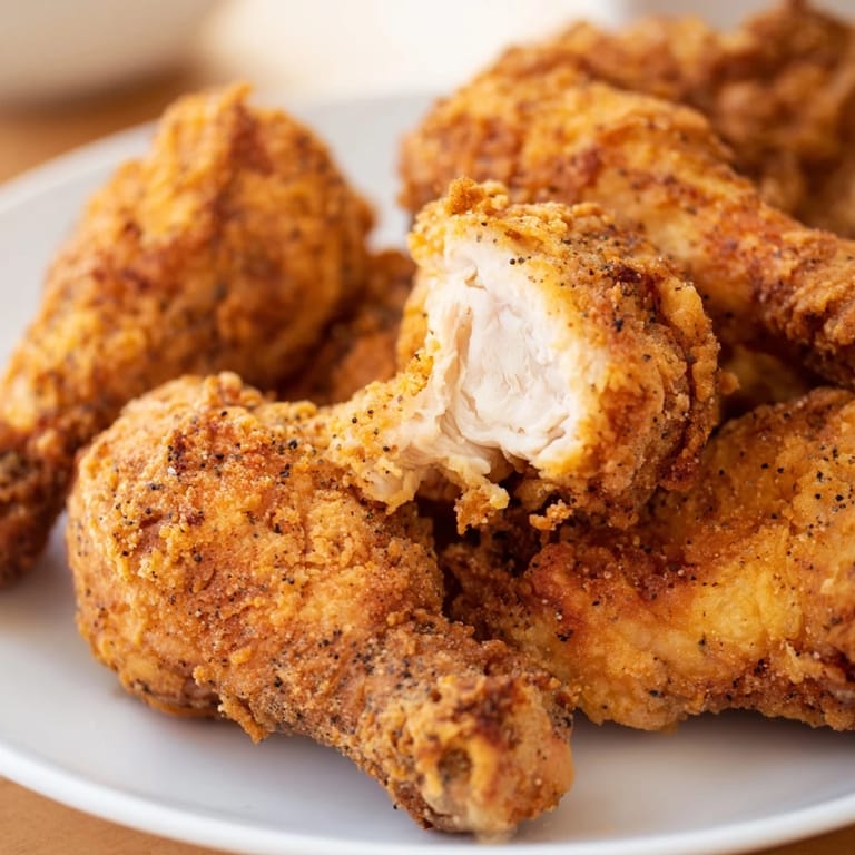 Homemade buttermilk fried chicken with a crunchy exterior and juicy interior, garnished with fresh parsley on the side.