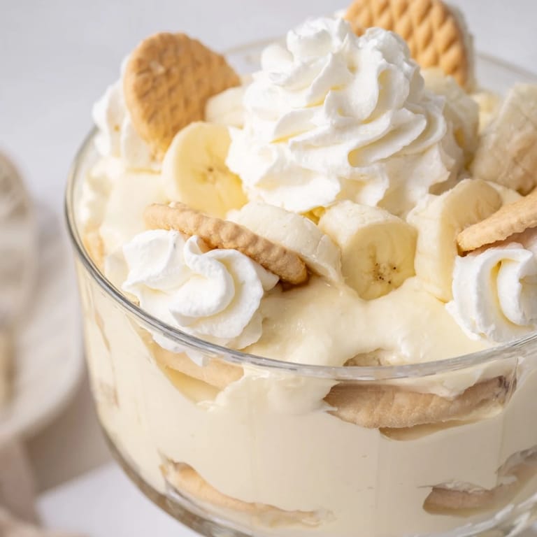 Homemade Banana Pudding dessert topped with whipped cream, featuring golden vanilla wafers and sweet banana slices in a trifle bowl.