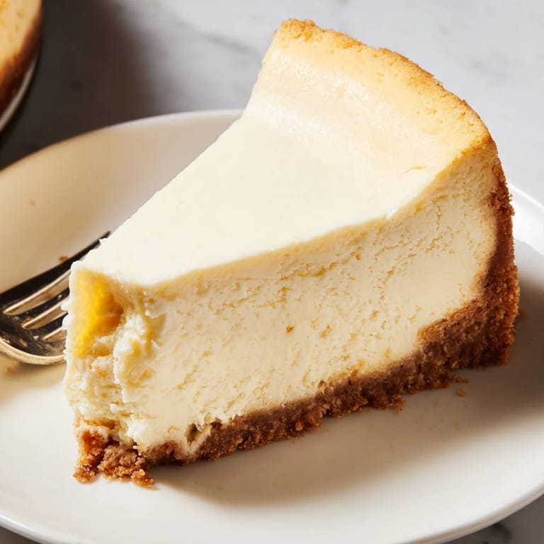 Sliced New York Cheesecake showcases a smooth, creamy center and buttery crust, ready for a special occasion.