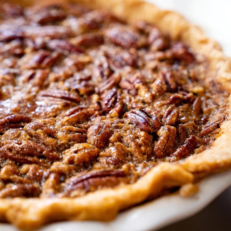The classic pecan pie dessert presented in a white pie dish, the dark, caramelized filling and rustic crimped crust make for an inviting Southern-style baking photo.