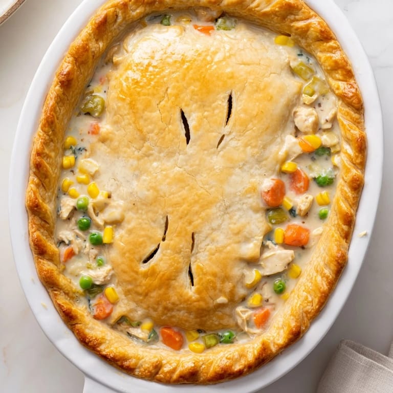 A warm slice of homemade chicken pot pie reveals tender veggies and a savory, hearty sauce.