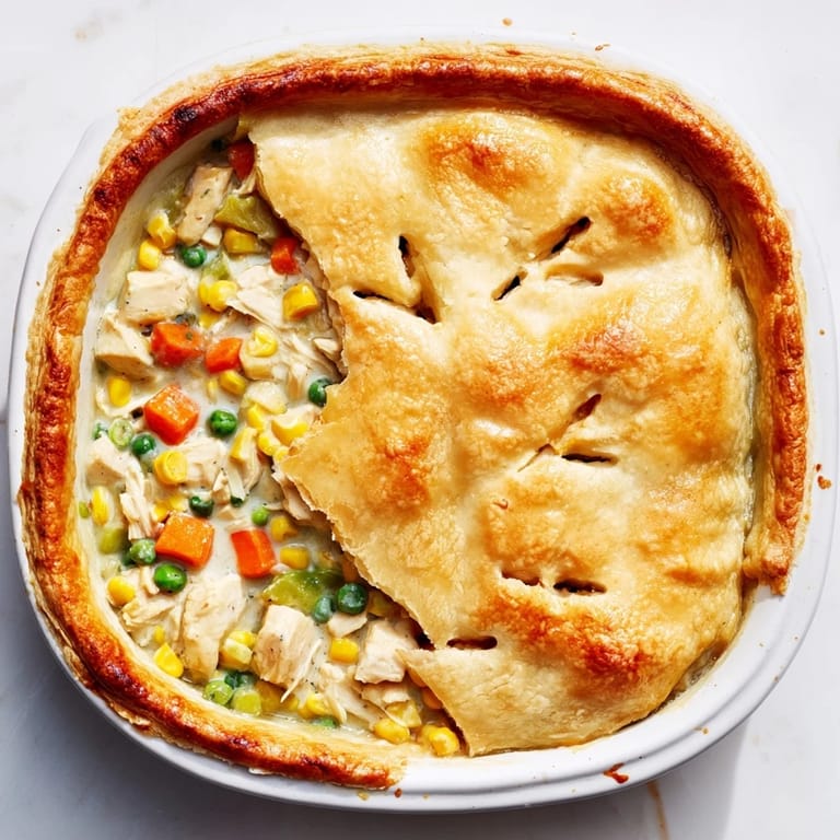 Close-up of rustic chicken pot pie in a ceramic dish, steam rising from the golden pastry.