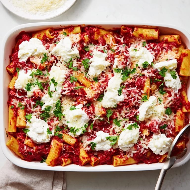 Freshly baked baked ziti casserole, garnished with parsley and Parmesan, served on a rustic wooden table.  