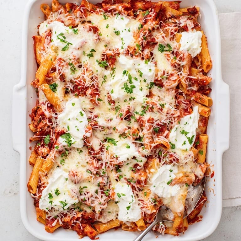 Comforting Italian-American baked ziti pasta layered with ricotta and tomato sauce, ready to serve for dinner.