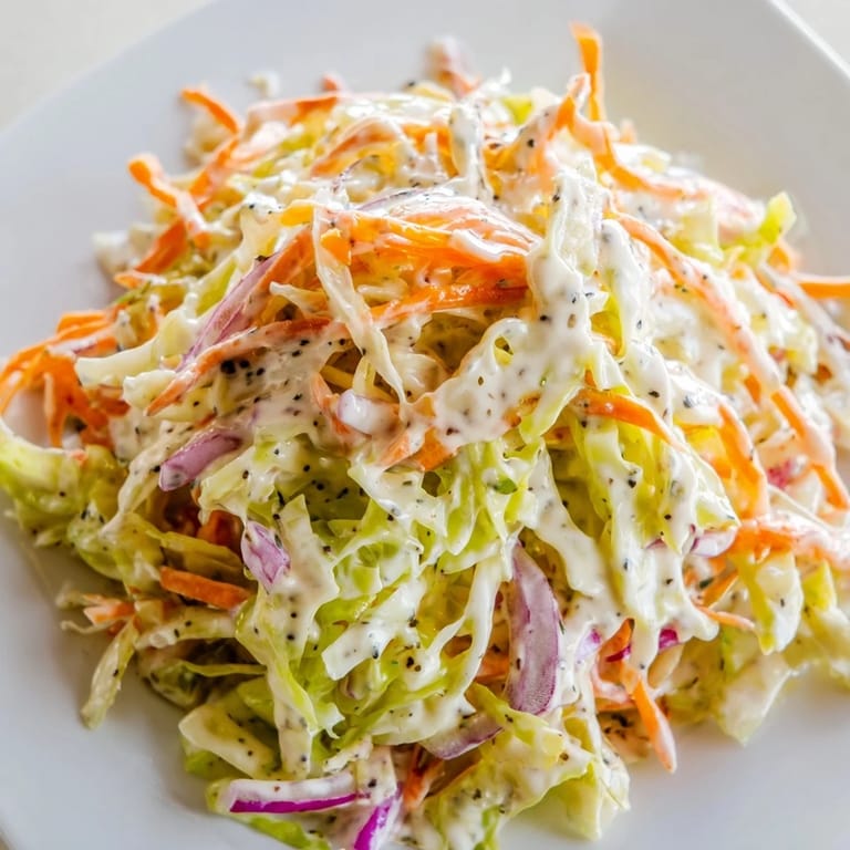 Homemade Classic American Coleslaw in a rustic bowl, featuring fresh shredded cabbage and grated carrots coated in a creamy dressing.