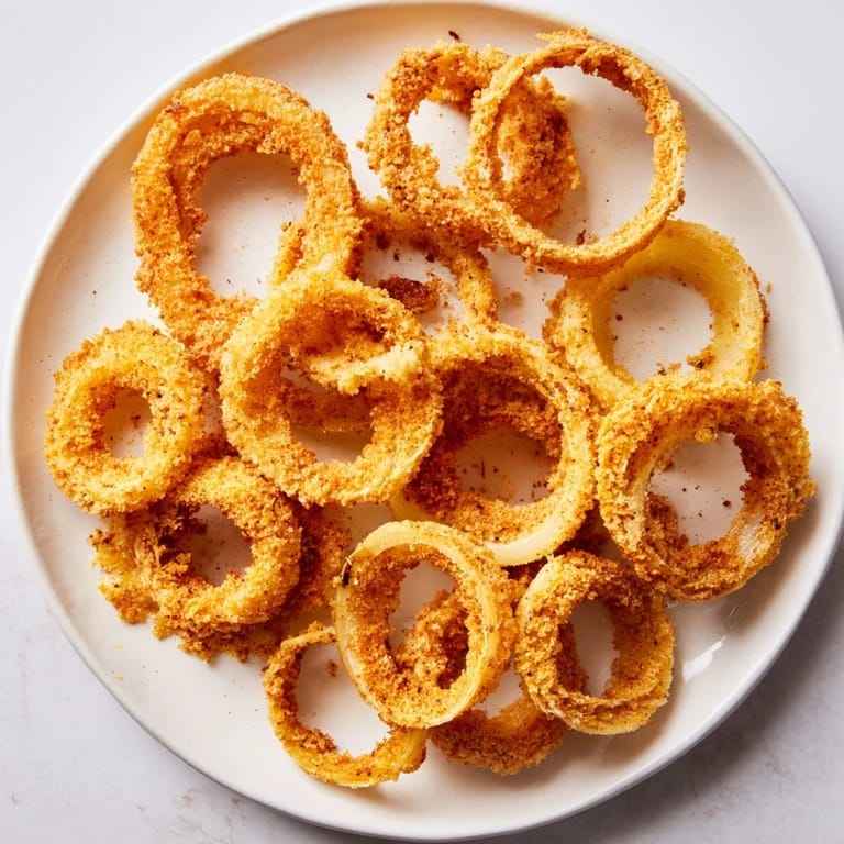 Freshly fried homemade onion rings with a crunchy exterior and tender onion center on a plate.