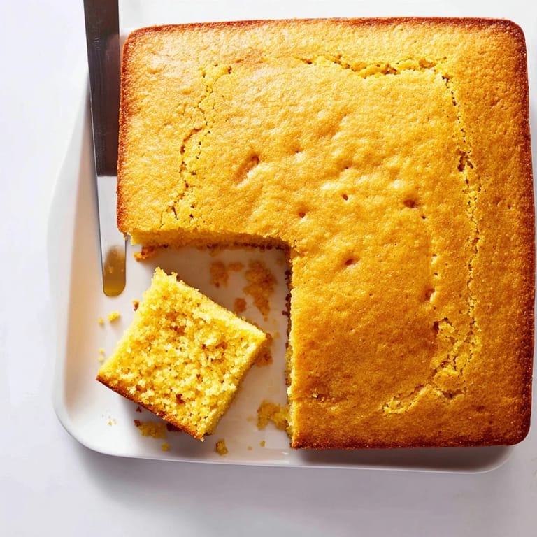 Freshly sliced square of cornbread with a crispy crust, drizzled with honey butter on a rustic wooden board.