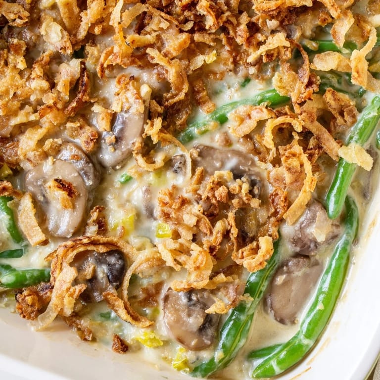 A serving of homemade Green Bean Casserole on a white plate, showcasing the creamy texture of the sauce and the perfectly browned, crispy onion topping.