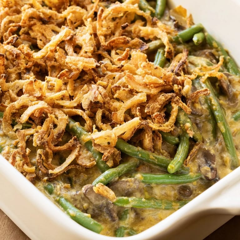 Freshly baked Green Bean Casserole in a rustic dish, with steam rising from the savory mushroom and bean mixture, topped with a crunchy layer of fried onions.