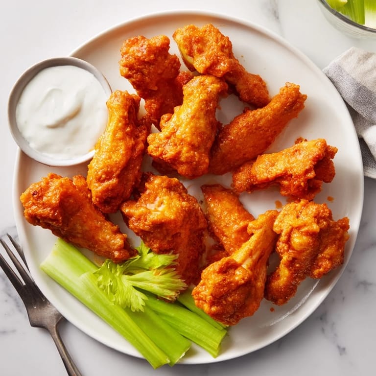 Freshly fried Buffalo Wings arranged on a plate with crisp celery and a dipping cup of blue cheese, perfect for game day snacking.