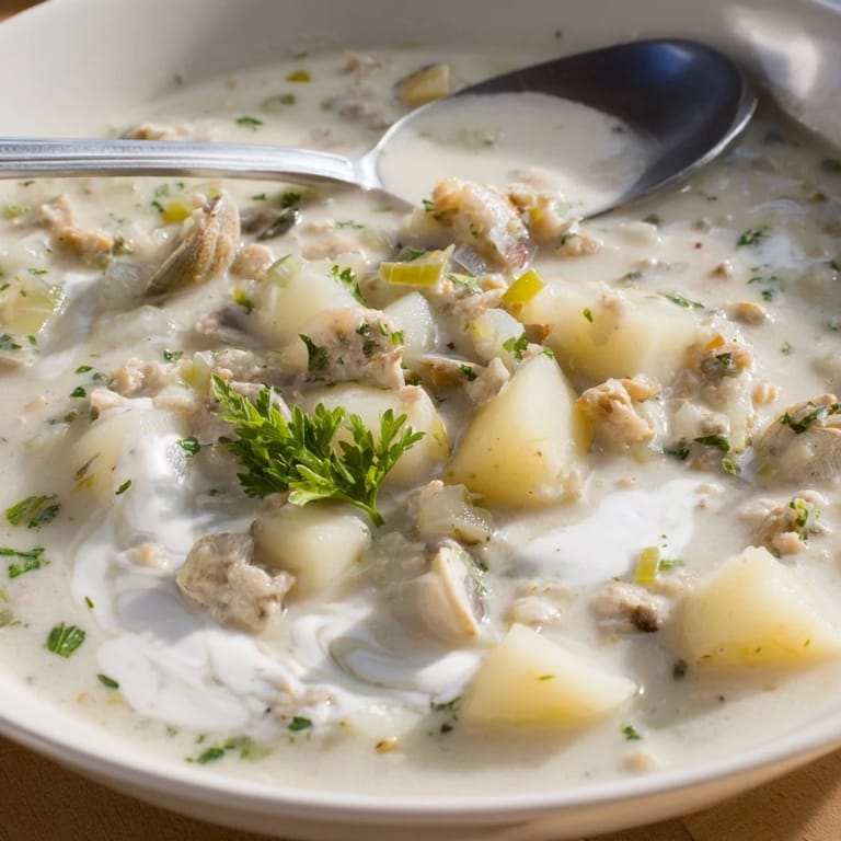 Steaming bowl of homemade New England clam chowder garnished with fresh parsley and oyster crackers.