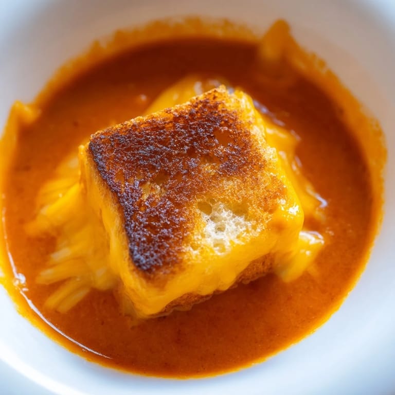 A close-up of velvety roasted tomato soup garnished with fresh thyme and crunchy grilled cheese croutons, ideal for family-friendly meals.  