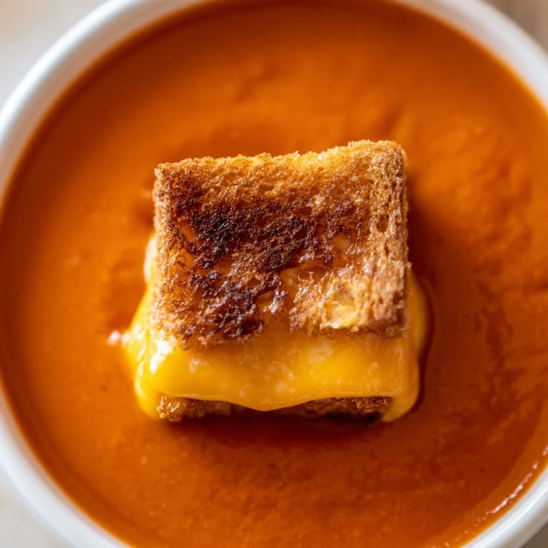 Hearty bowl of roasted tomato soup with bubbly, melted cheddar grilled cheese croutons, served with crusty bread for dipping.