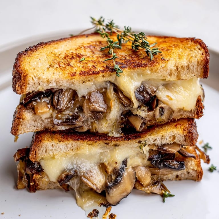 A close-up of a Mushroom Swiss Grilled Cheese sandwich, ready to serve alongside a warm bowl of tomato soup.