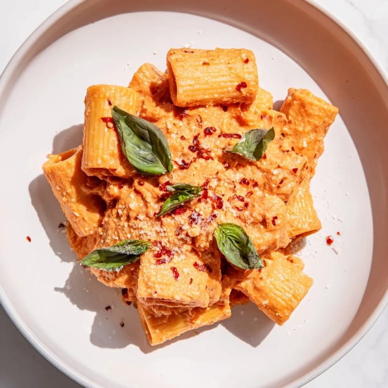 Steaming Spicy Rigatoni Pasta in a creamy tomato sauce, ready to be paired with a crisp white wine for a cozy vegetarian dinner.  