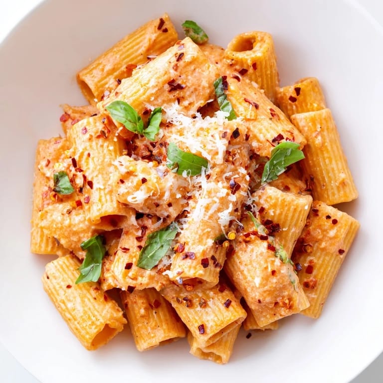 Tender rigatoni tossed in a velvety, spicy tomato cream sauce, garnished with basil and extra Parmesan for a comforting Italian-American meal.