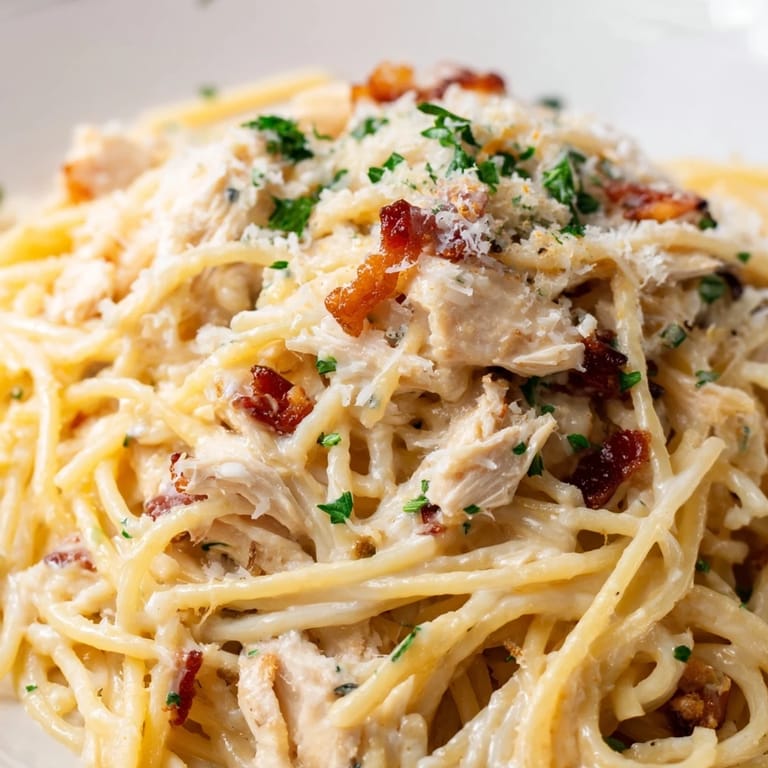White ceramic bowl of Chicken Carbonara, featuring spaghetti strands, diced bacon, and fresh parsley garnish, served hot with steam rising.
