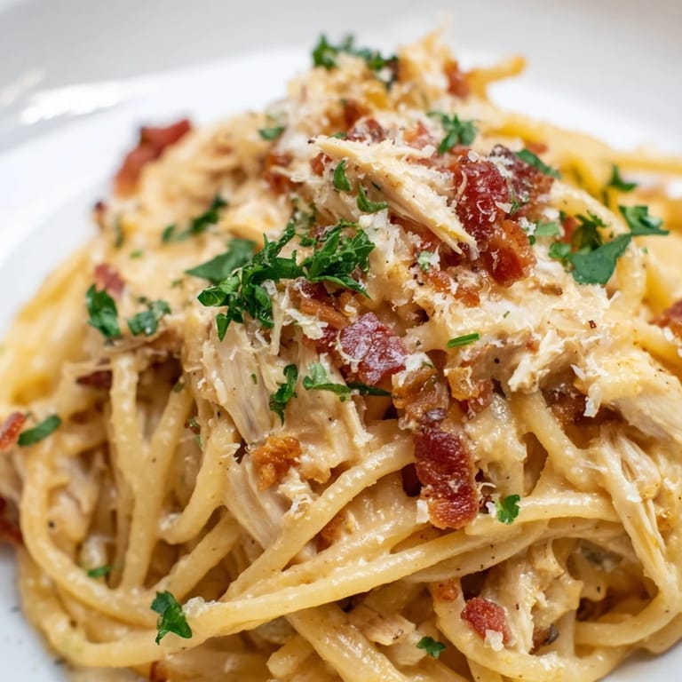 Overhead view of Chicken Carbonara plated with grated Parmesan, revealing the silky, peppered sauce clinging to each noodle and chunk of chicken.