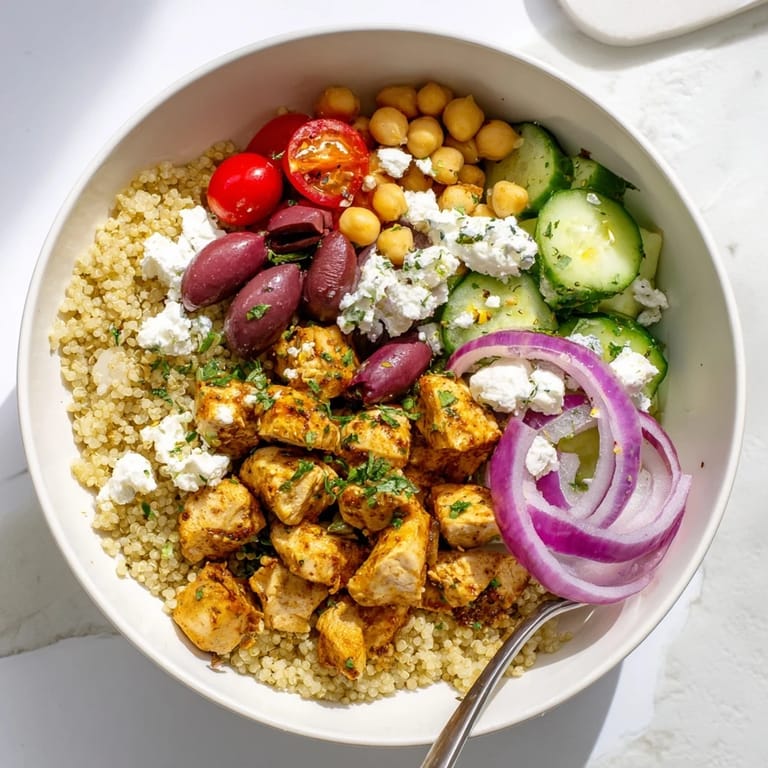 Colorful Mediterranean Chicken Bowl topped with crumbled feta, Kalamata olives, crisp cucumbers, and a zesty lemon-oregano drizzle.