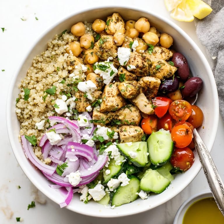 Healthy Mediterranean Chicken Bowl served with fluffy quinoa, tender chicken, crisp veggies, and a bright lemon-oregano dressing.
