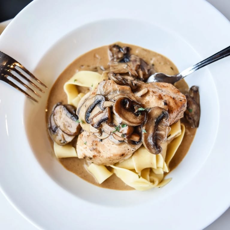 Juicy chicken Marsala smothered in a velvety mushroom and wine reduction, plated over pasta and topped with freshly grated Parmesan.