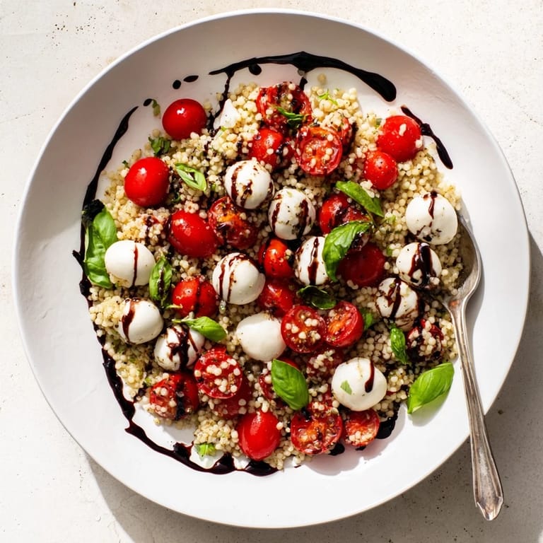 Close-up of a Caprese Couscous Salad on a rustic wooden table, highlighting the texture of Israeli couscous, bright cherry tomatoes, and torn basil leaves.