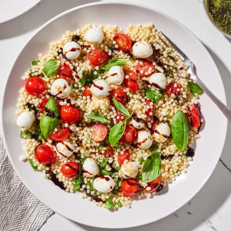 A vibrant Caprese Couscous Salad served in a white bowl, featuring golden couscous, halved tomatoes, fresh basil, and mozzarella pearls glistening with glaze.